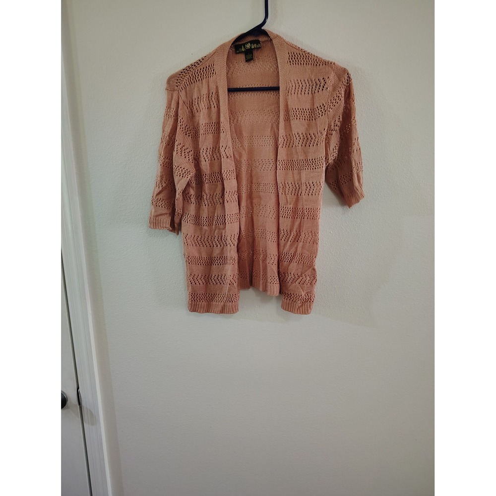 80‎ Park Women Salmon Pink Pointelle Knit Open Front Cardigan Sweater Large L